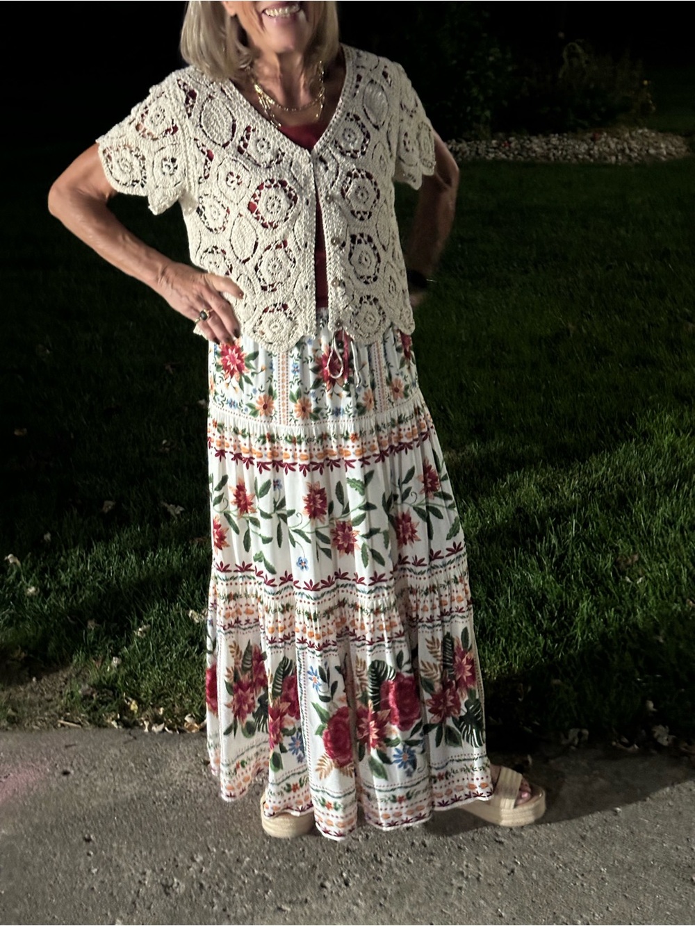 Three piece tiered skirt, top and crocheted sweater